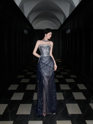 Shiny Grey A Line Strapless Rhinestone Tulle Long Prom Dress Party Dress HZ1023